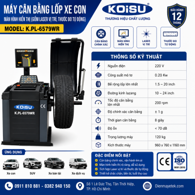 Máy cân bằng lốp xe con, màn hình hiển thị (Gồm Laser vị trí, thước đo tự động) K.PL-6579WR hãng Koisu 